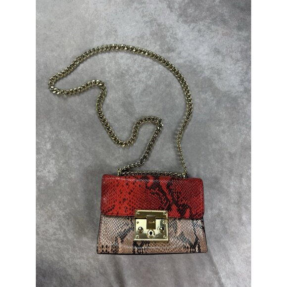 KOOLER Genuine Leather Red Snake Print Crossbody Shoulder Bag Gold Chain - Picture 1 of 7